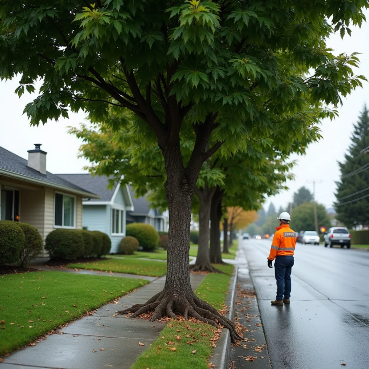 Mature street tree in a city planting strip between sidewalk and curb in Vancouver, Washington