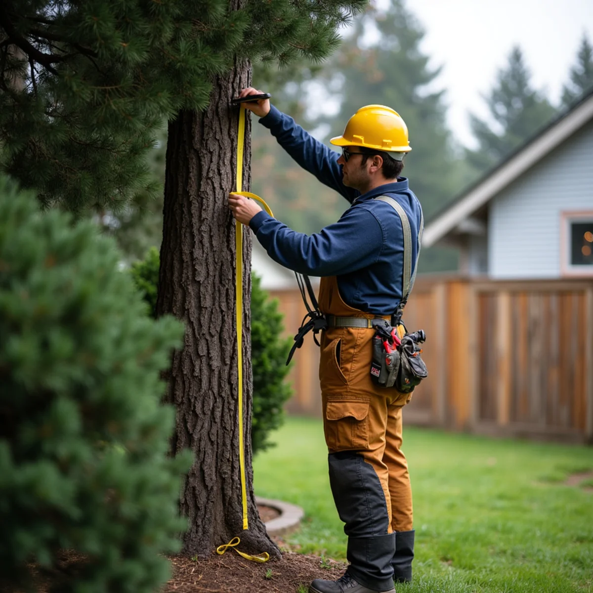 Arborist measuring a large yard tree at breast height for a municipal permit application