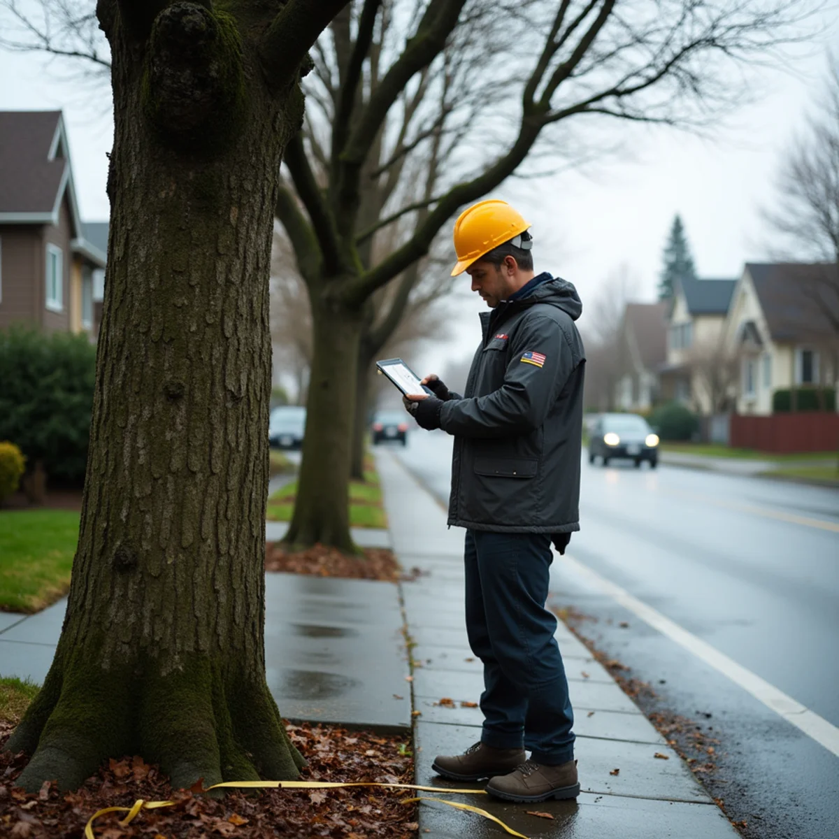Tree service estimator reviewing a parcel map and tree removal permit paperwork at a home in Clark County, Southwest Washington