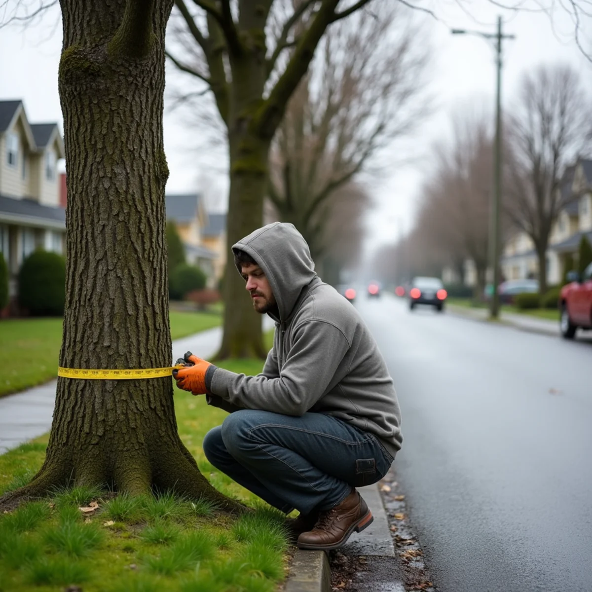 Mature street tree standing in the planting strip along a residential block of the Long-Bell planned grid in Longview, Washington