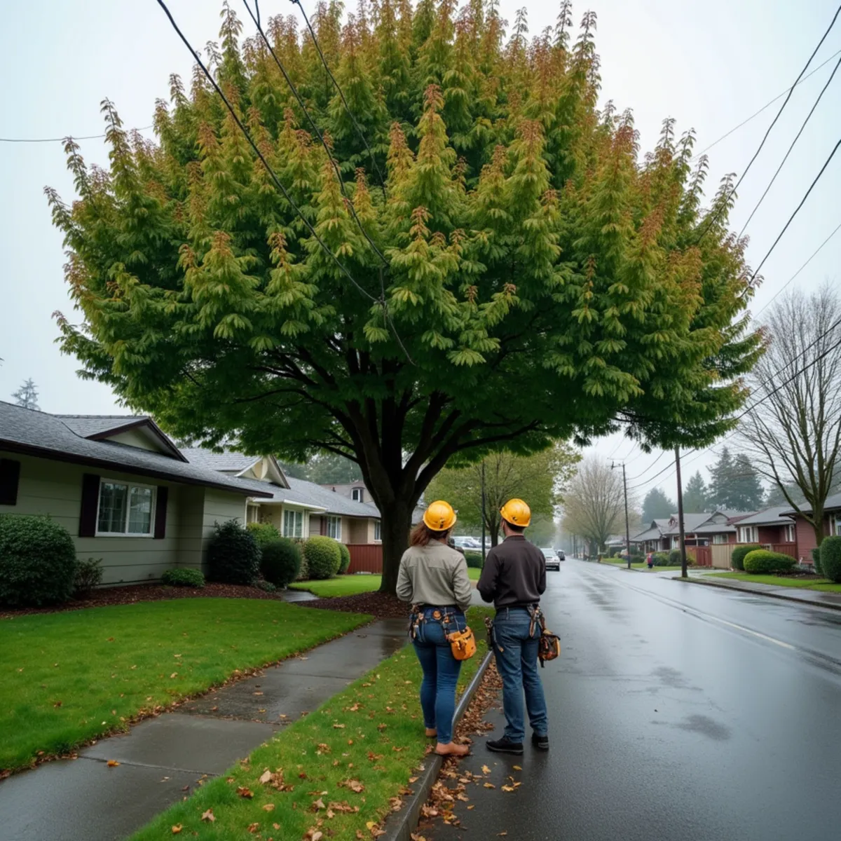 Mature bigleaf maple in a Vancouver, Washington front yard beside the sidewalk planting strip, the kind of tree that raises permit questions