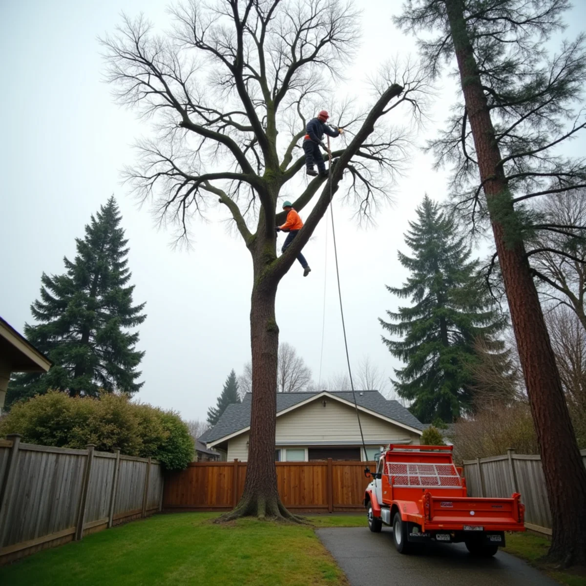 Climber sectionally dismantling a western red cedar above a fenced Longview backyard