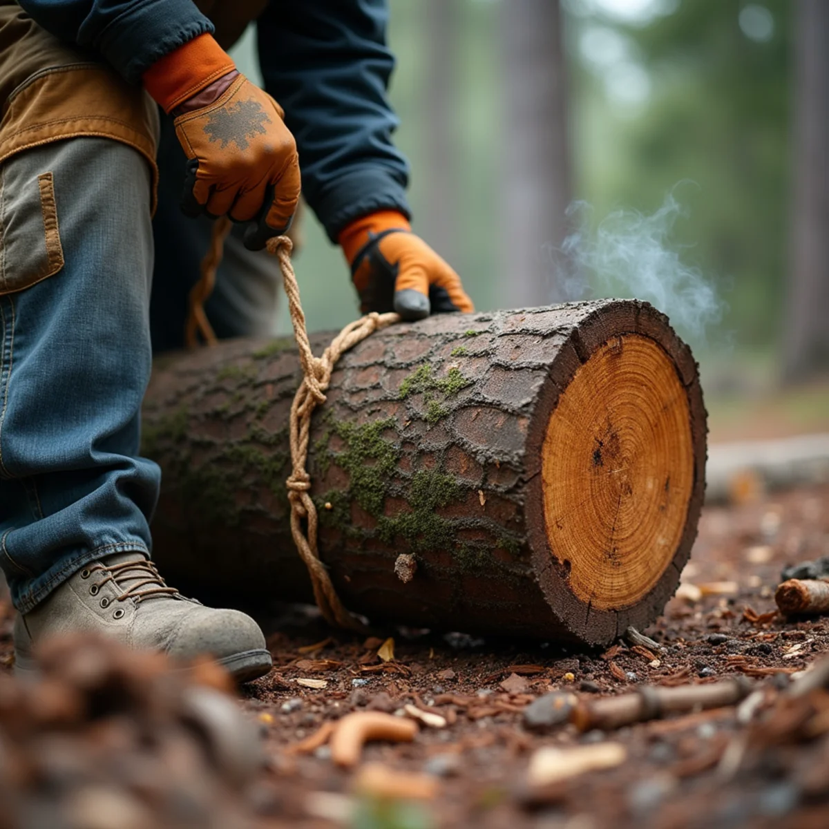 Groundworker controlling a heavy trunk round on a friction device during a removal