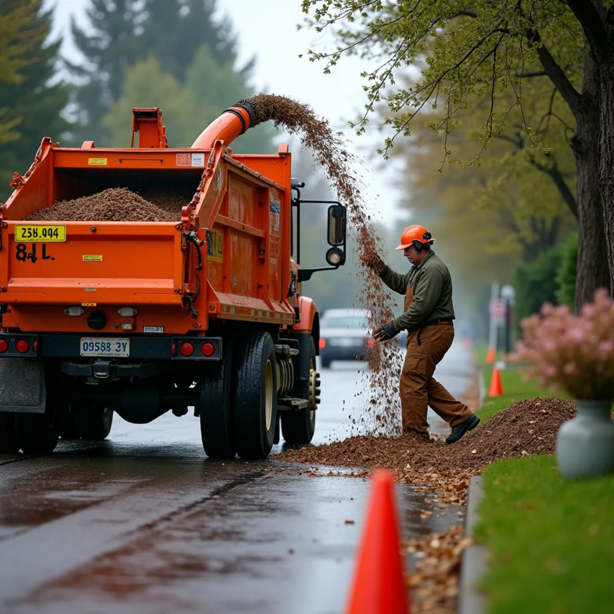 Brush being fed into a wood chipper beside a dump truck on a Southwest Washington street