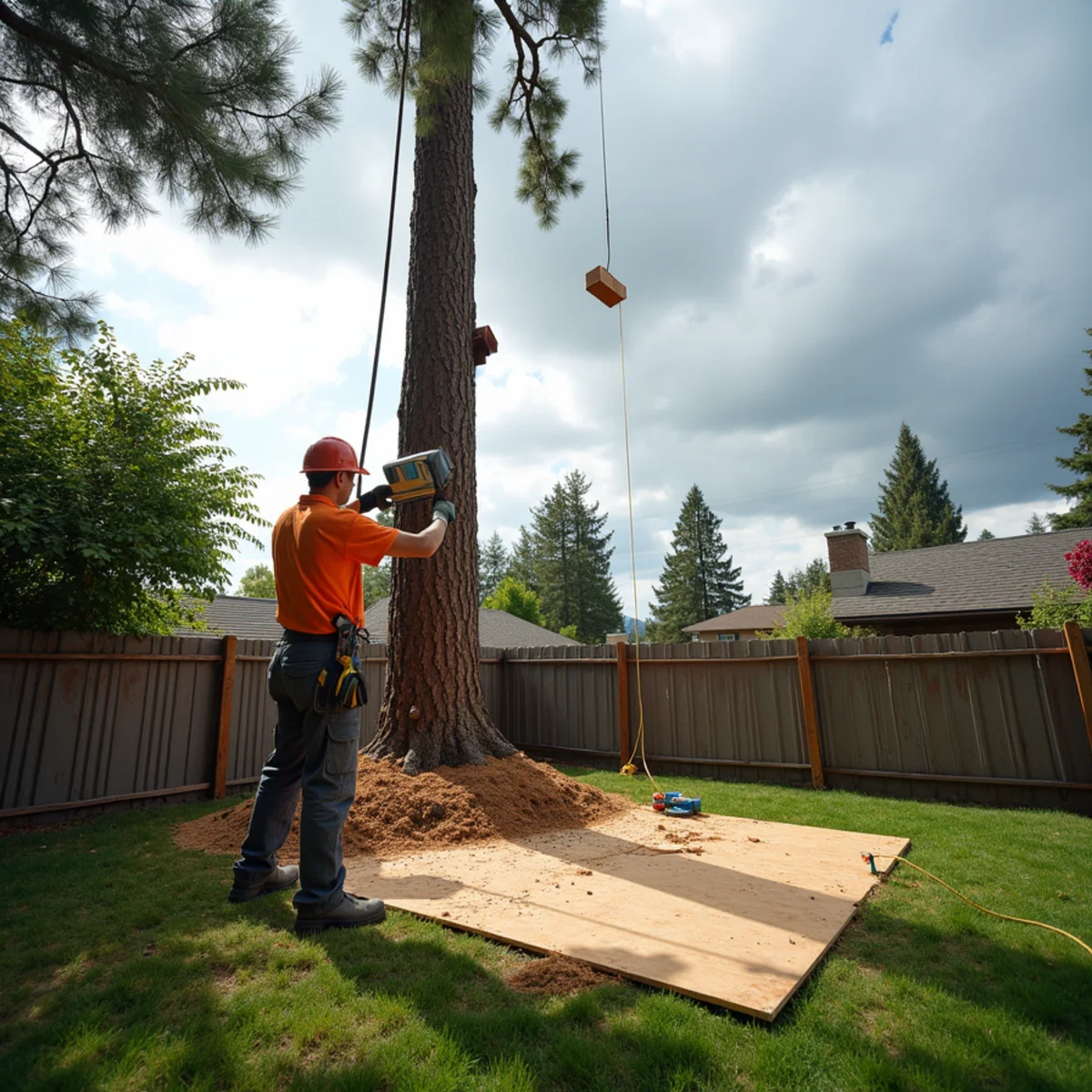 Climber sectionally dismantling a large Douglas fir in a fenced backyard in Longview, Cowlitz County, Southwest Washington