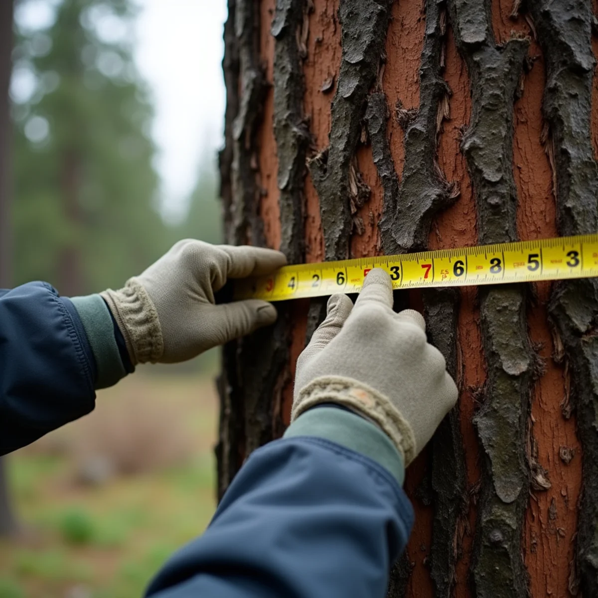 Arborist measuring the trunk diameter of a mature Douglas fir with a diameter tape