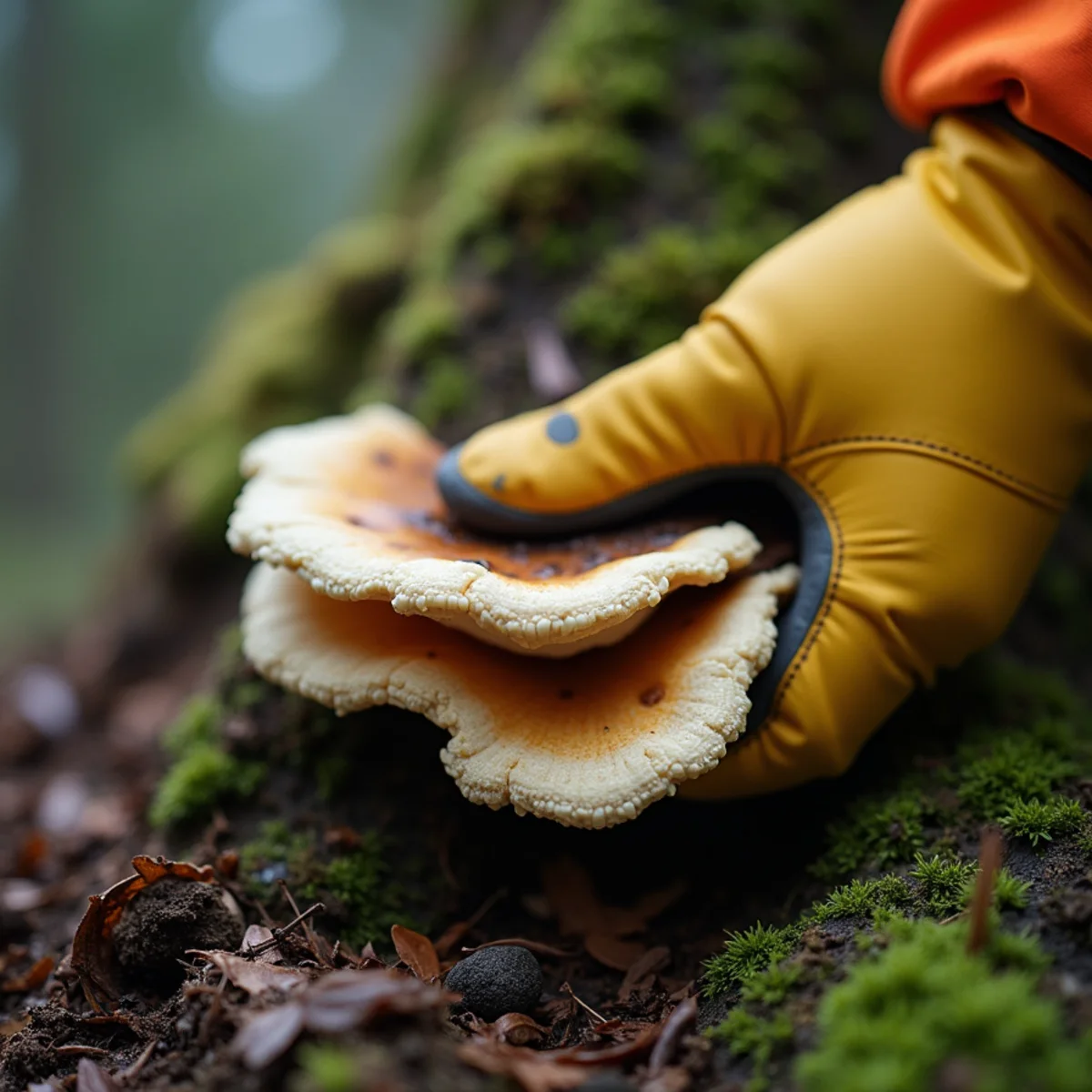 Gloved hand inspecting bracket fungi at the root collar of a declining conifer