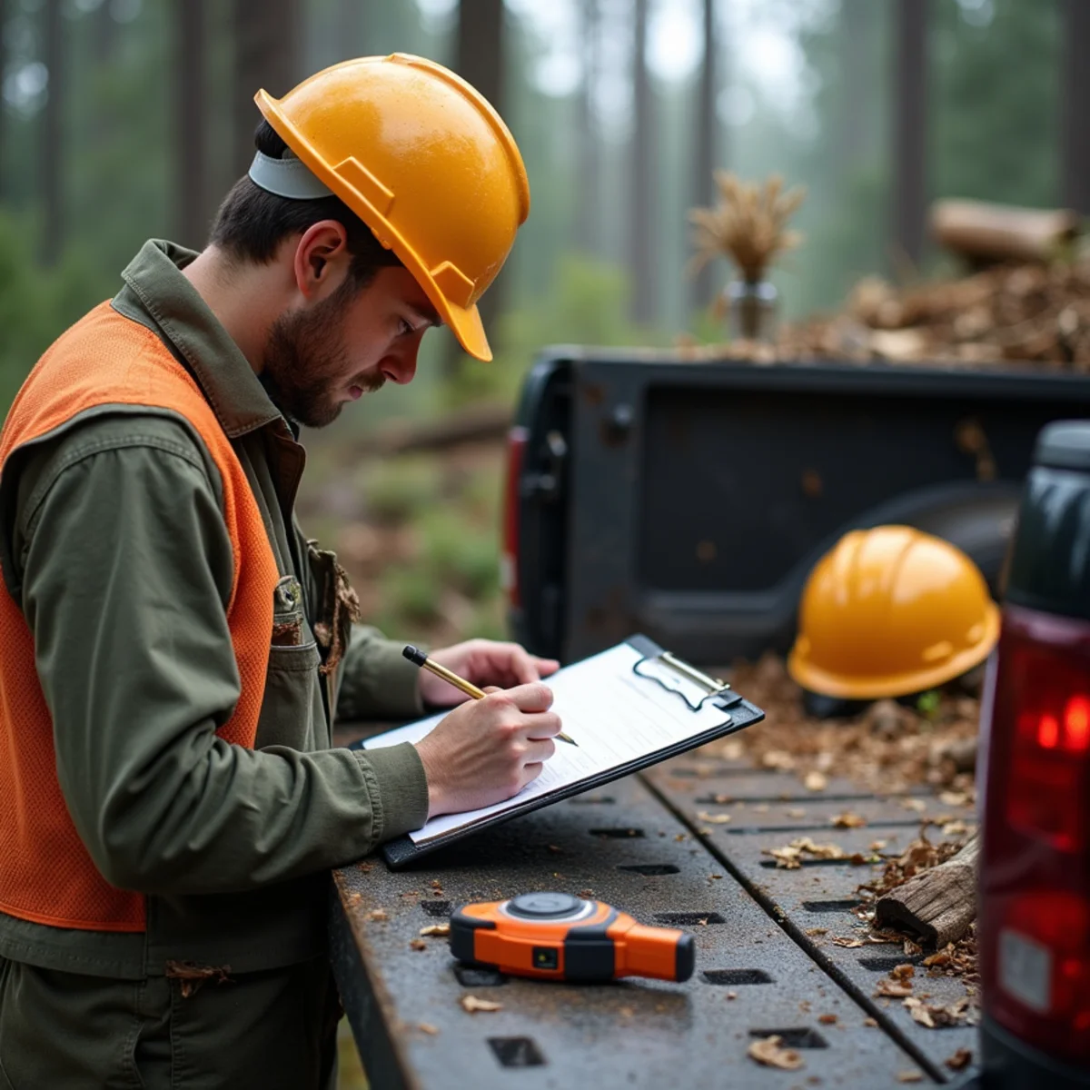 Arborist writing assessment findings on a clipboard at a truck tailgate on a rural property