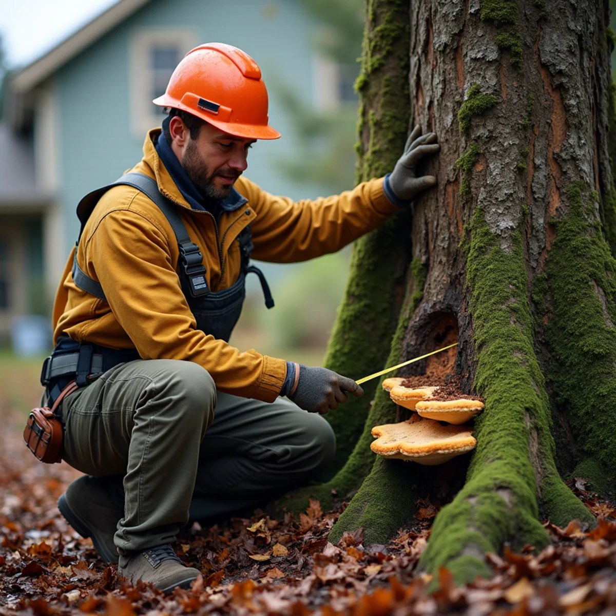Tree service owner measuring trunk diameter and documenting defects for a written tree risk assessment in Kelso, Cowlitz County, Washington