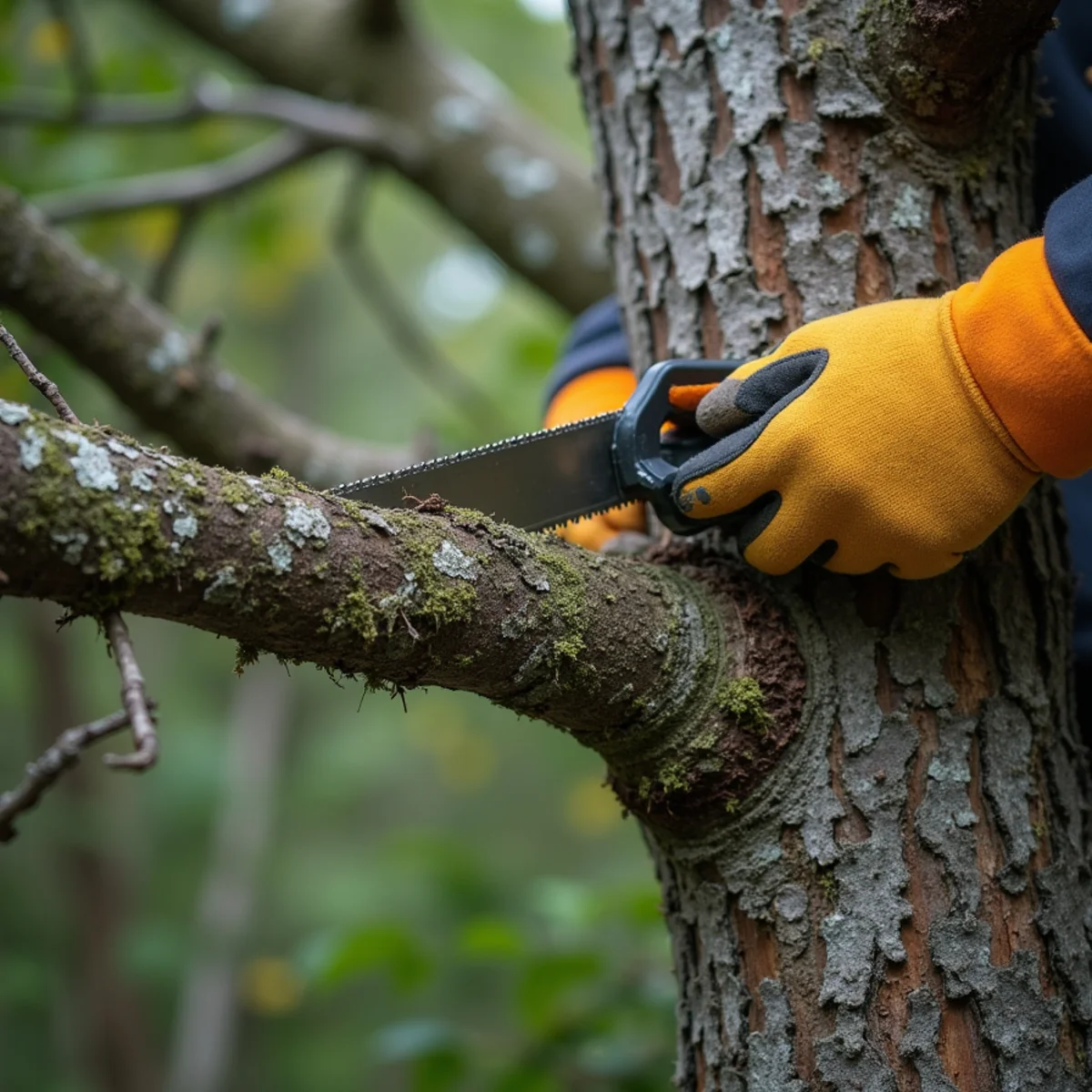 Arborist making a proper crown cleaning cut at the branch collar of a bigleaf maple