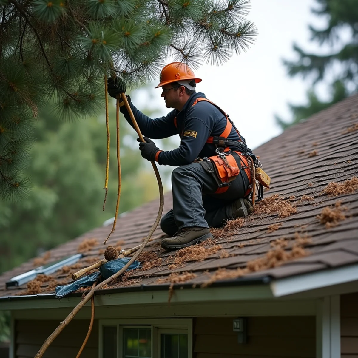 Climber pruning conifer limbs back to clear a mossy roof on an older Longview home