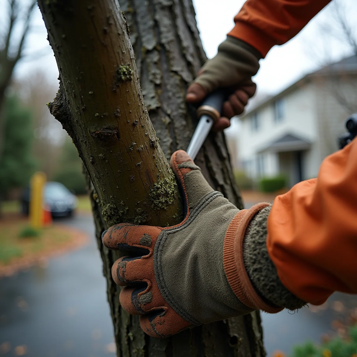 Climber making a proper reduction cut in a bigleaf maple over a driveway in Longview, Southwest Washington
