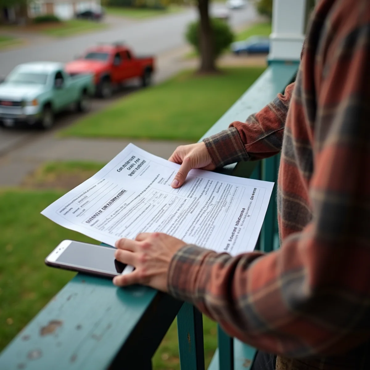 Homeowner reviewing a tree service contractor registration and certificate of insurance on a porch in Southwest Washington
