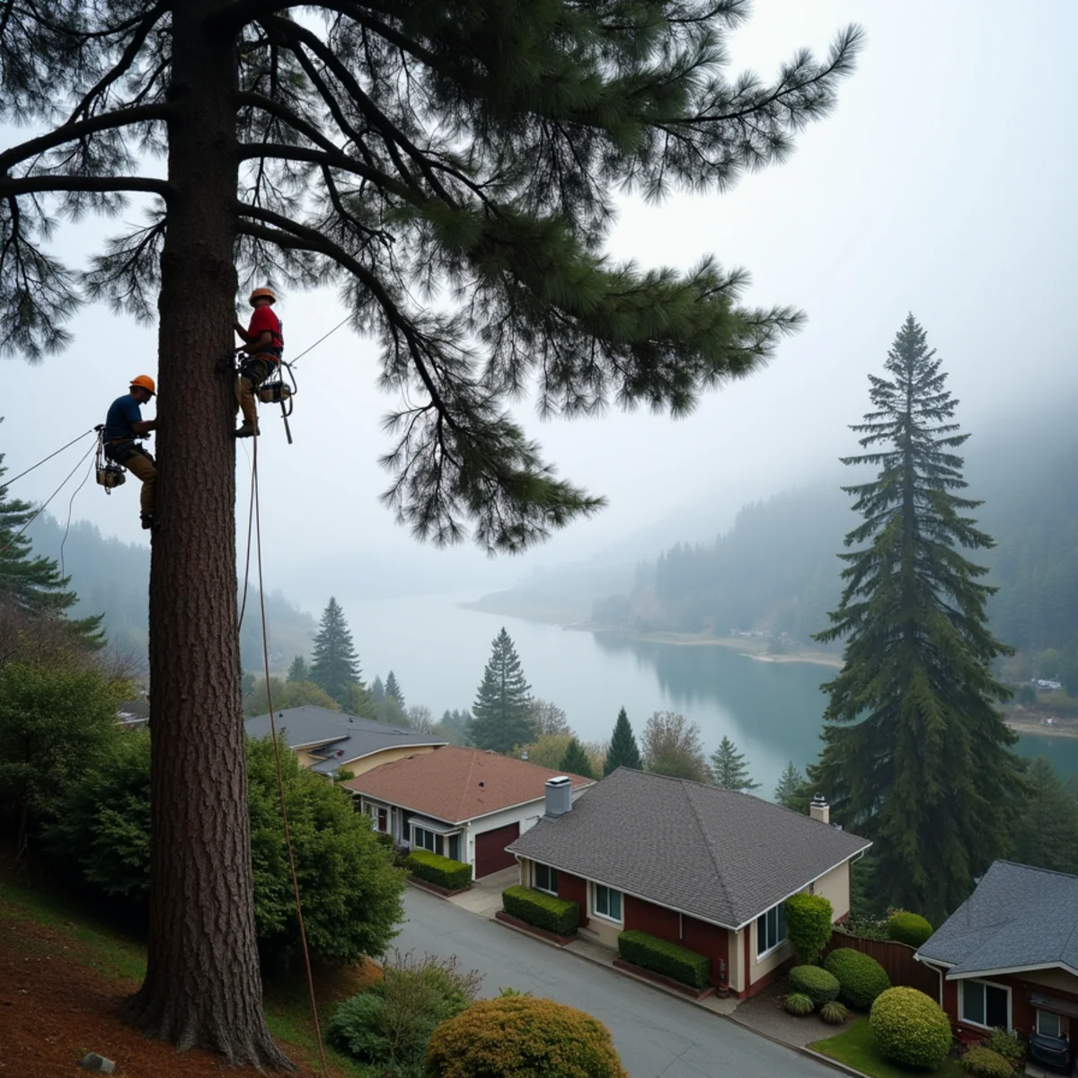 Climber selectively pruning a Douglas fir on a hillside lot to open a Columbia River view in Southwest Washington
