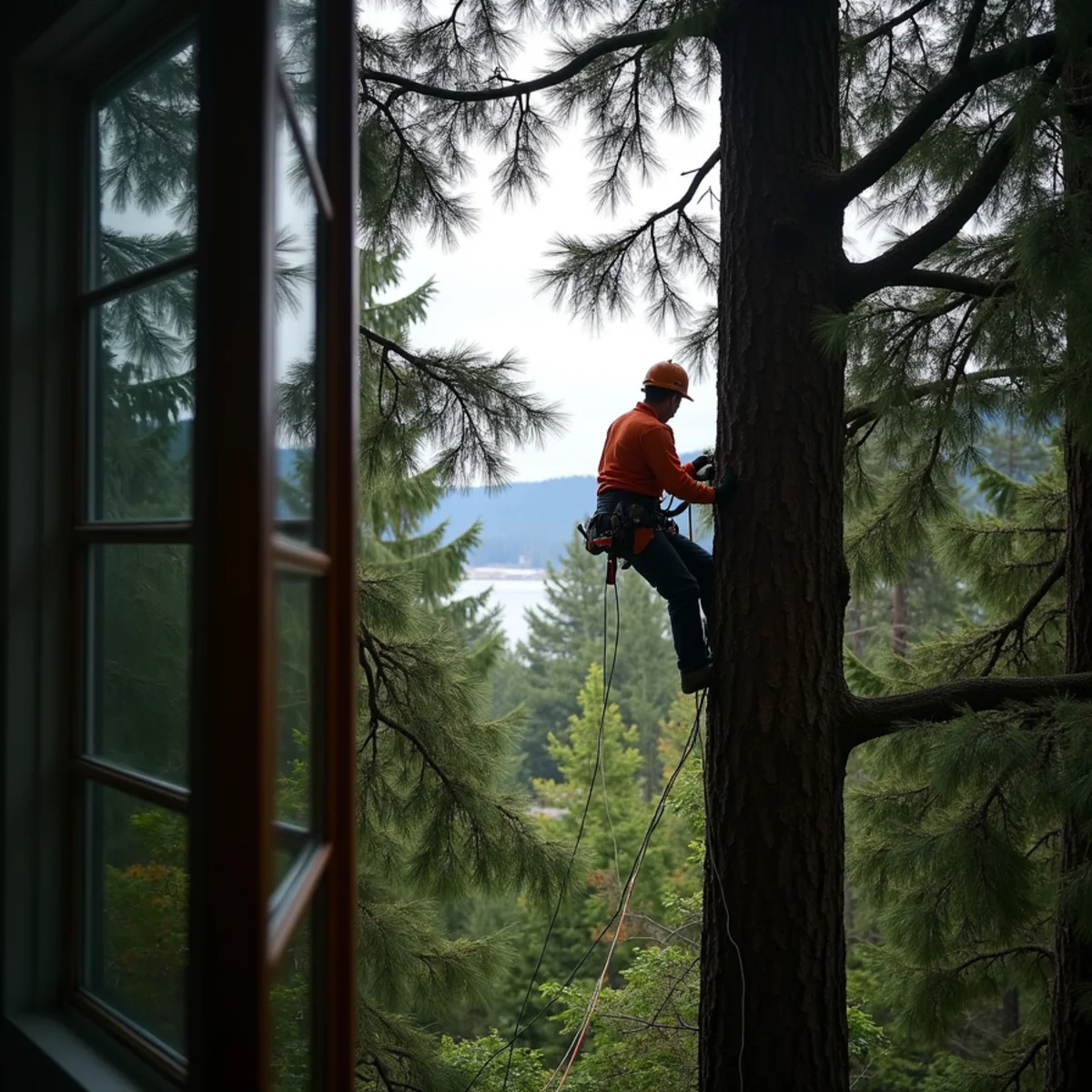 Arborist selectively removing limbs to open a window through a fir canopy toward the Columbia