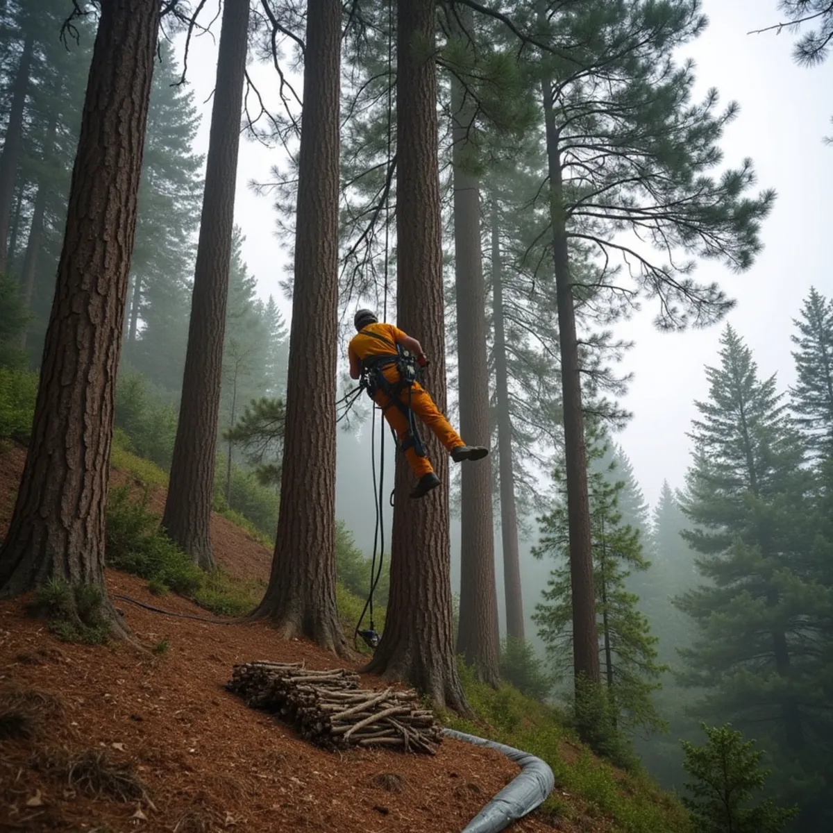Climber limbing up the lower canopy of tall Douglas fir on a Kalama bluff property