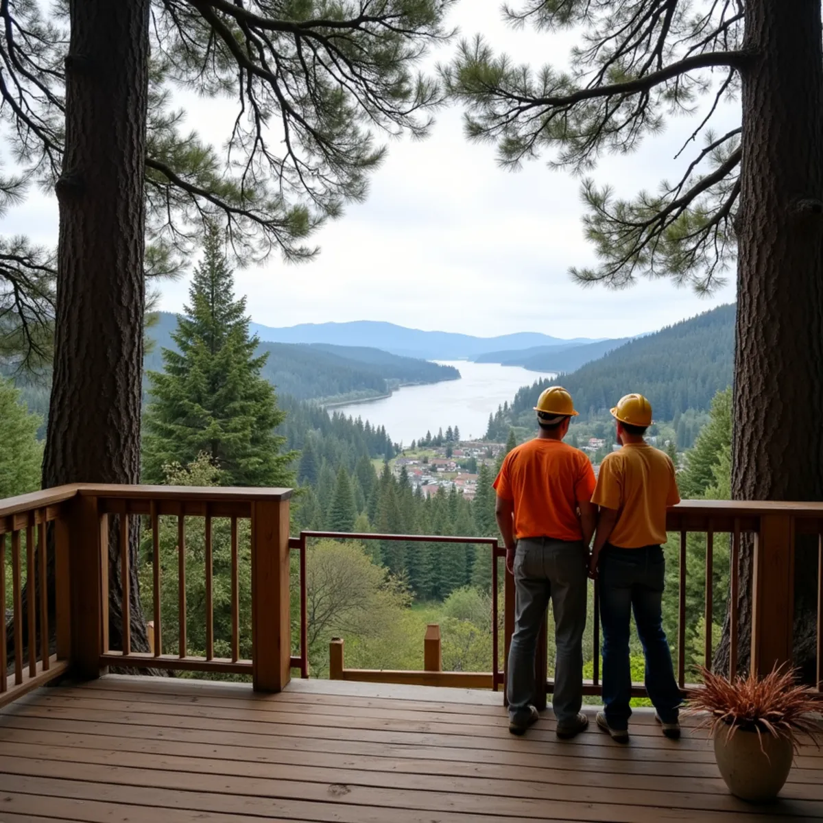 Restored Columbia River view framed between pruned Douglas fir from a hillside deck