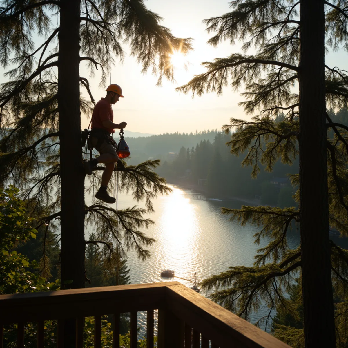 Climber windowing limbs from a tall Douglas fir to reopen a Columbia River view above Longview in Cowlitz County, Washington