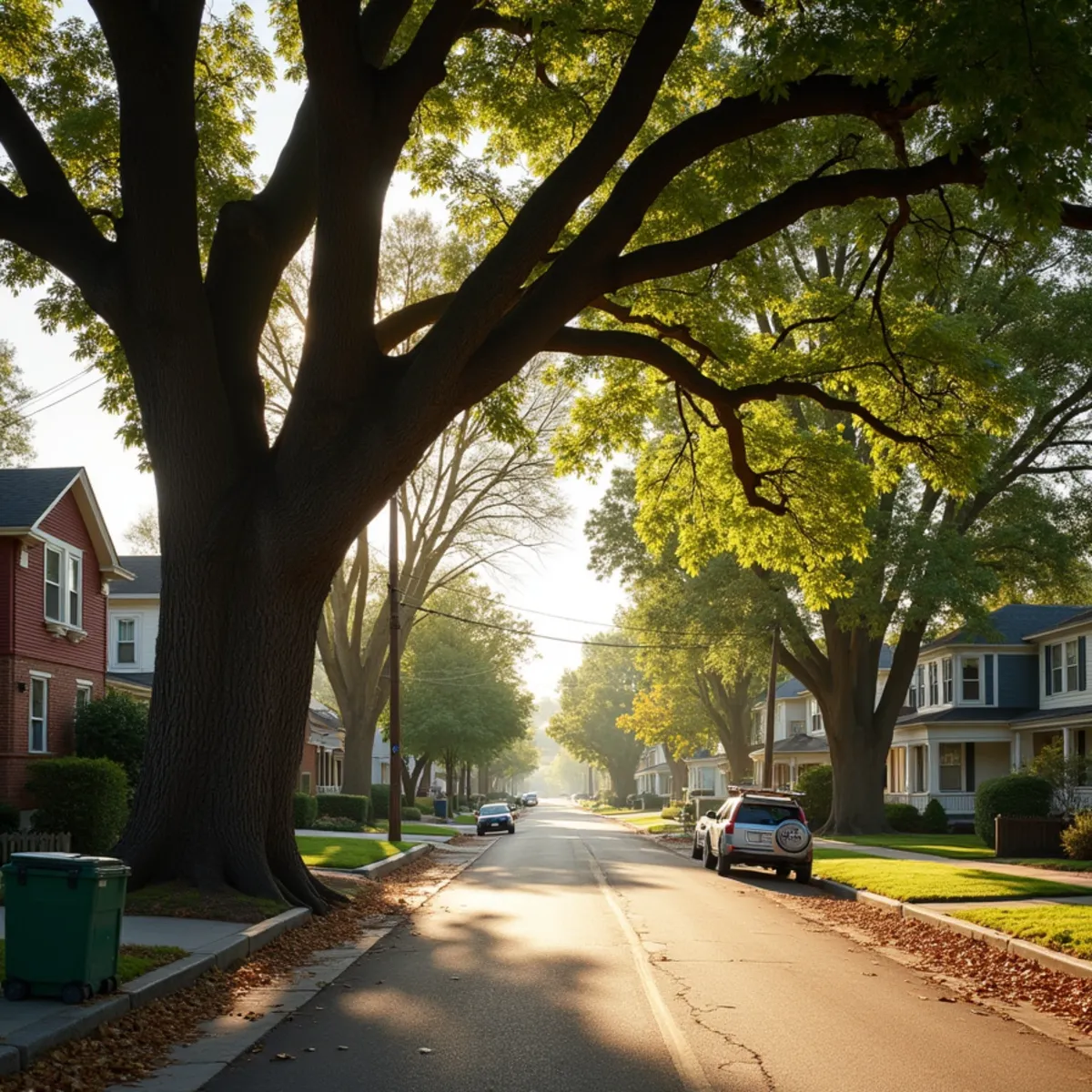 Century-old black locust and maple canopy over a historic residential street in Walla Walla, Washington