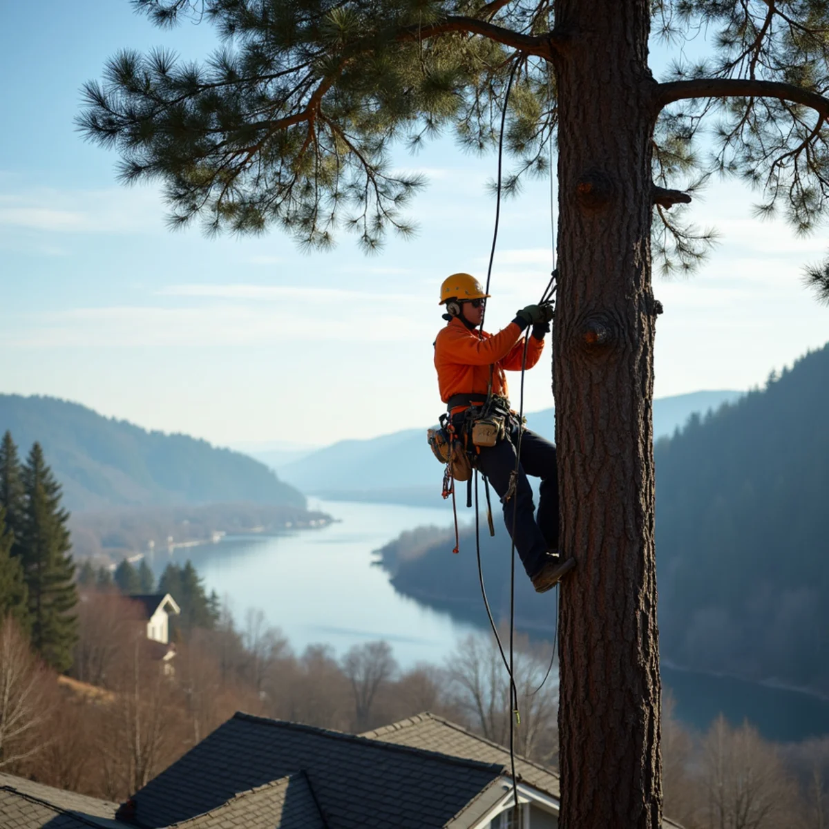 Climber removing a wind-leaned Douglas fir above a hillside home overlooking the Columbia River in Washougal, Washington