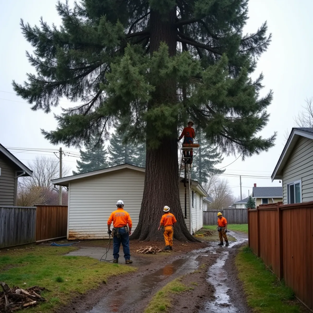 Climber sectioning a large black cottonwood behind a small older home in West Kelso, Washington