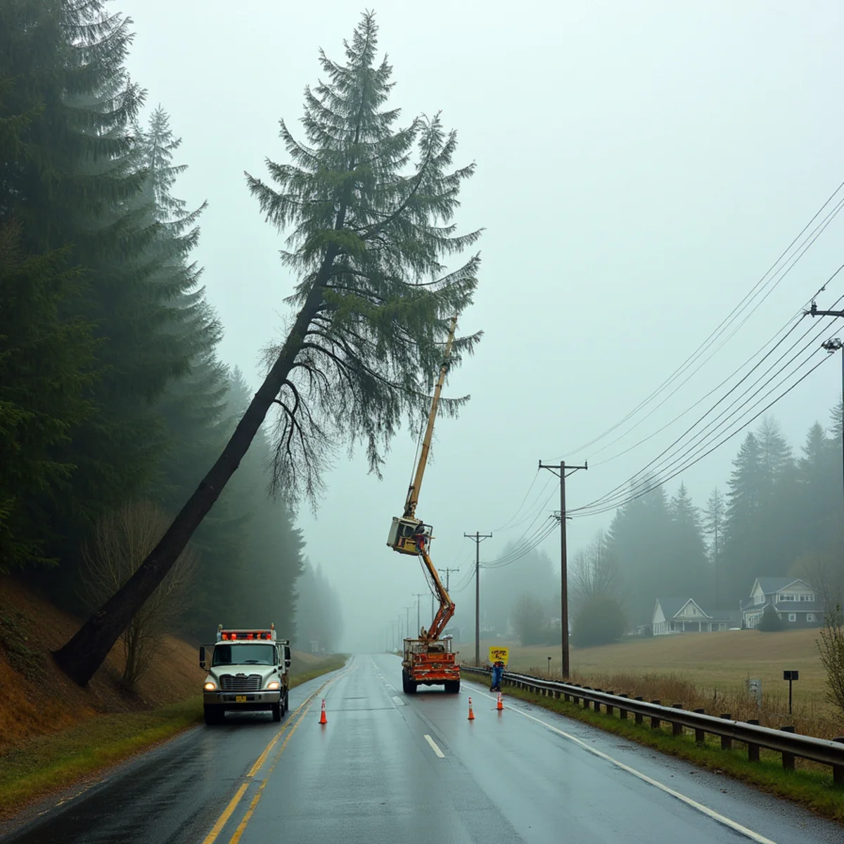 Bucket work removing a roadside leaner beside SR-411 on the west bank of the Cowlitz River