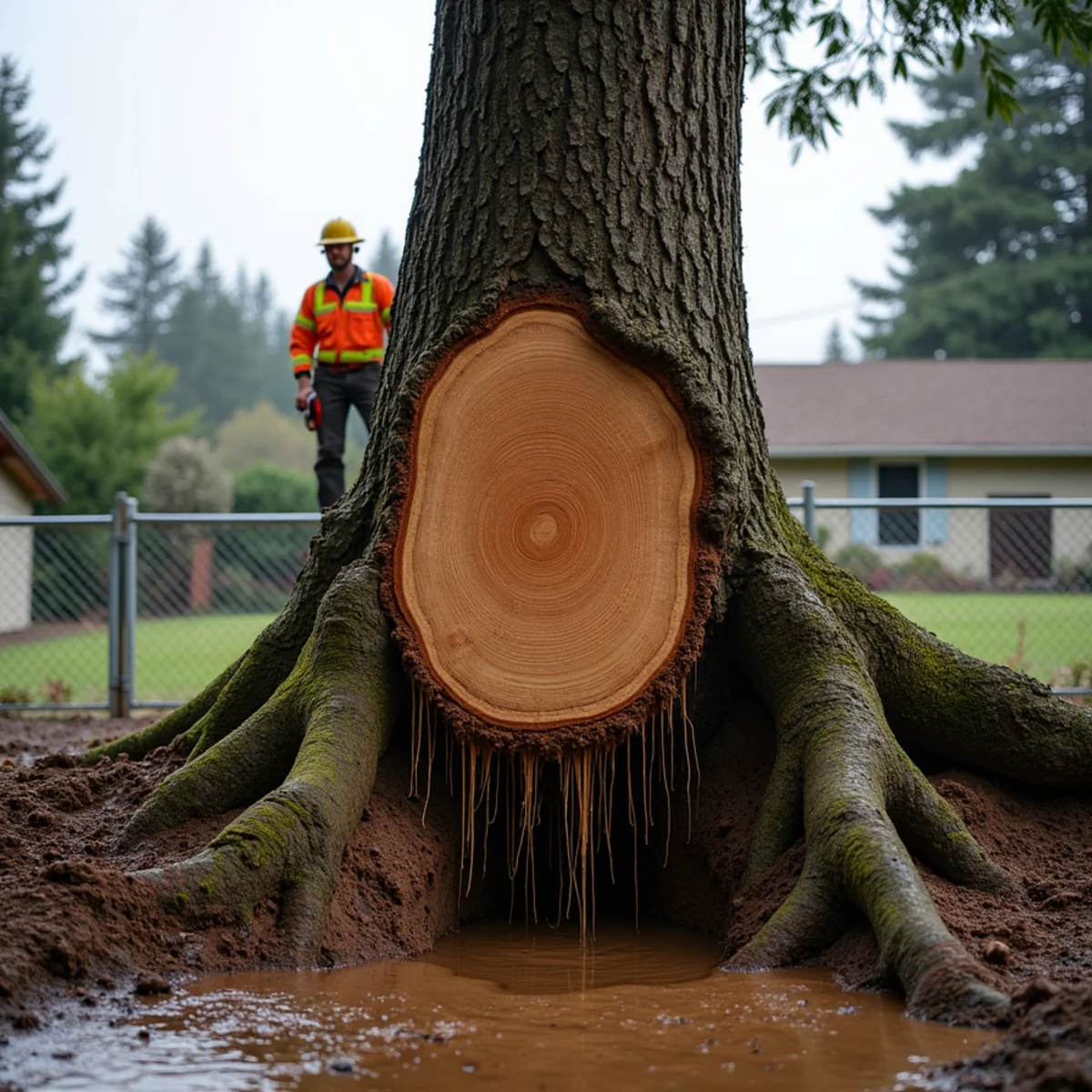 Uprooted Douglas fir with its root plate standing on end beside a home after a winter windstorm in Cowlitz County, Southwest Washington